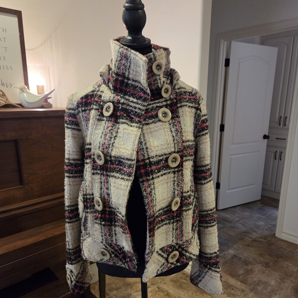 Dollhouse Cream and Black Plaid Pea Coat